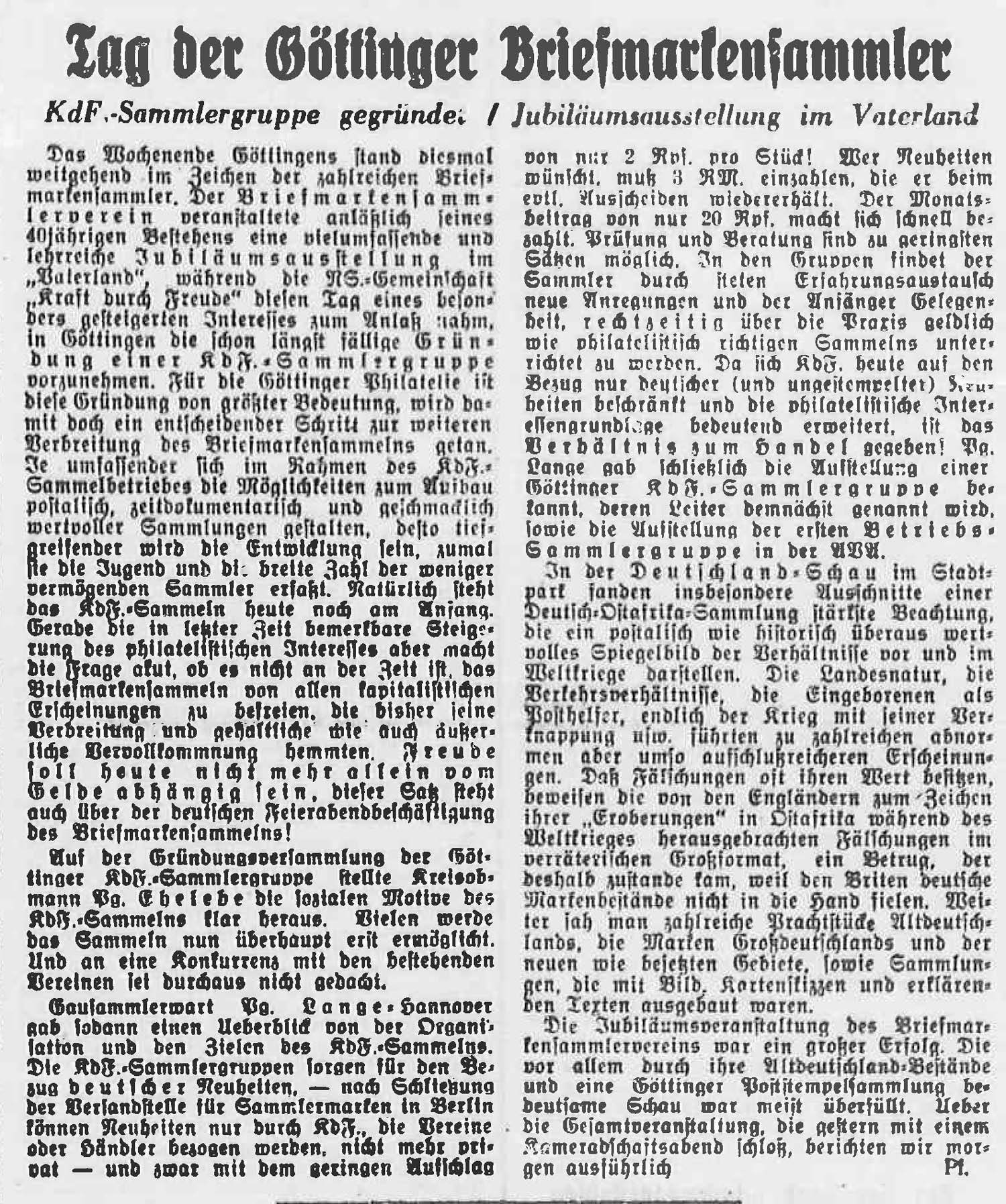 1941April 28. Süd-Hann. Ztg  Artikel KdF Sammlergruppe